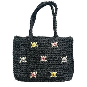NEW Black Raffia with Floral Ribbon Embroidery Top Handle Bag